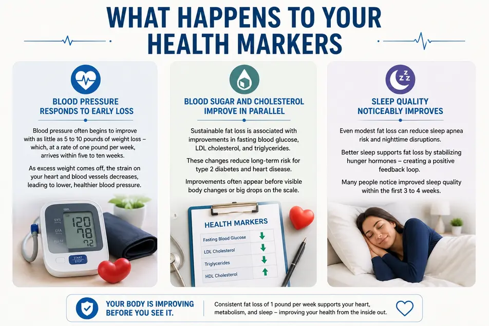 Infographic showing improved blood pressure, blood sugar, cholesterol, and sleep quality after losing 1 pound a week through sustainable weight loss.