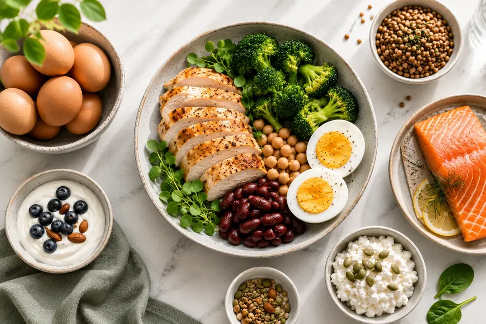 Protein-rich foods including chicken, eggs, salmon, yogurt, and lentils arranged on a healthy plate to support weight loss without counting calories.