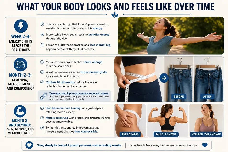 Infographic showing body changes after losing 1 pound a week, including higher energy, smaller waist, better body composition, and muscle definition.