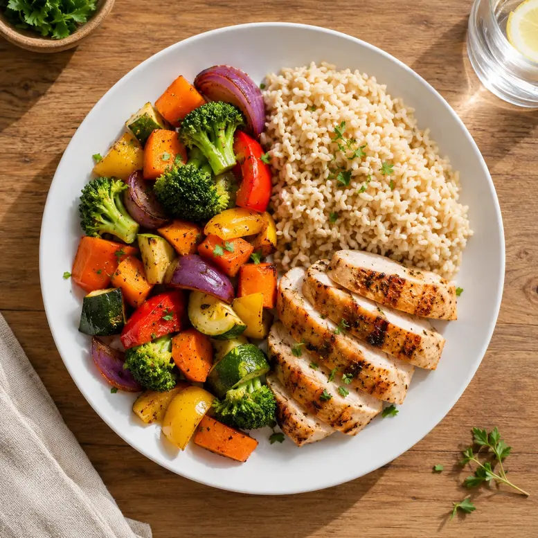 Healthy plate method with half colorful roasted vegetables, brown rice, and grilled chicken for balanced nutrition and sustainable weight loss.