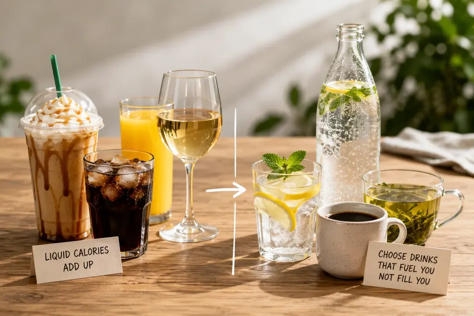 Healthy drink swap from sugary beverages to water, black coffee, and green tea to reduce liquid calories and support sustainable weight loss.