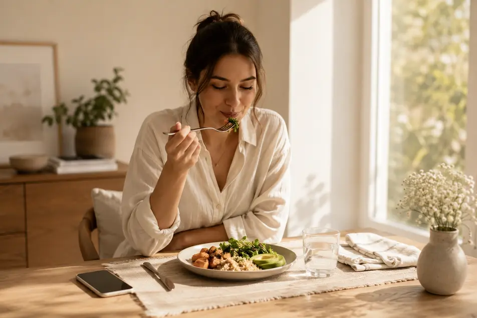 Person eating a healthy meal at a calm dining table with phone face down, practicing mindful eating for better portion control and weight loss.