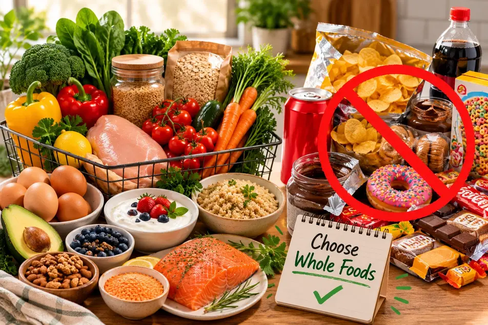 Fresh whole foods including vegetables, fruit, eggs, fish, and grains compared with processed snacks to support healthy weight loss naturally.