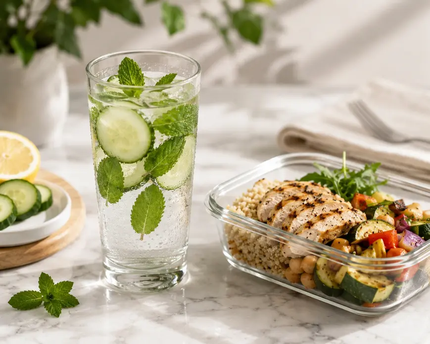 Glass of cucumber and mint infused water beside a healthy meal prep bowl, promoting hydration and weight loss through healthy eating habits.