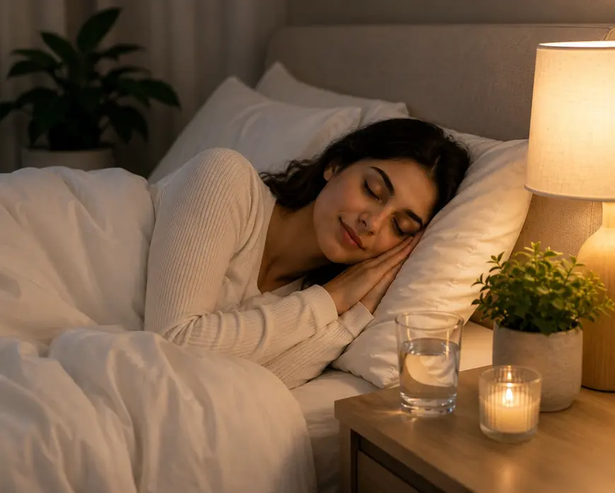 Person sleeping peacefully in a cozy bedroom, showing how quality sleep supports healthy weight loss, balanced hormones, and reduced cravings.