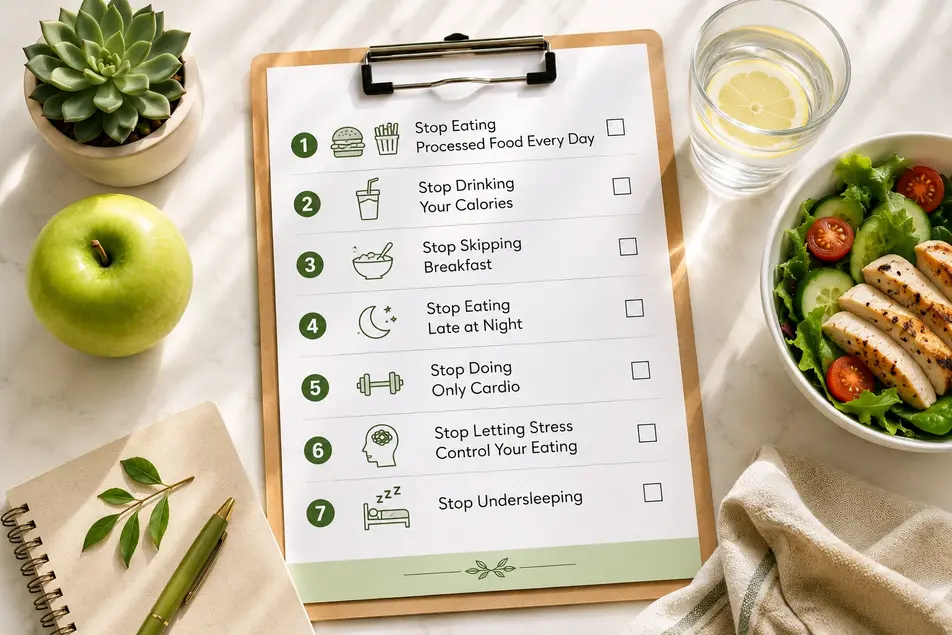 Overhead view of a healthy weight loss checklist with a green apple, water, and fresh salad, showing simple daily habits for fast and sustainable weight loss.