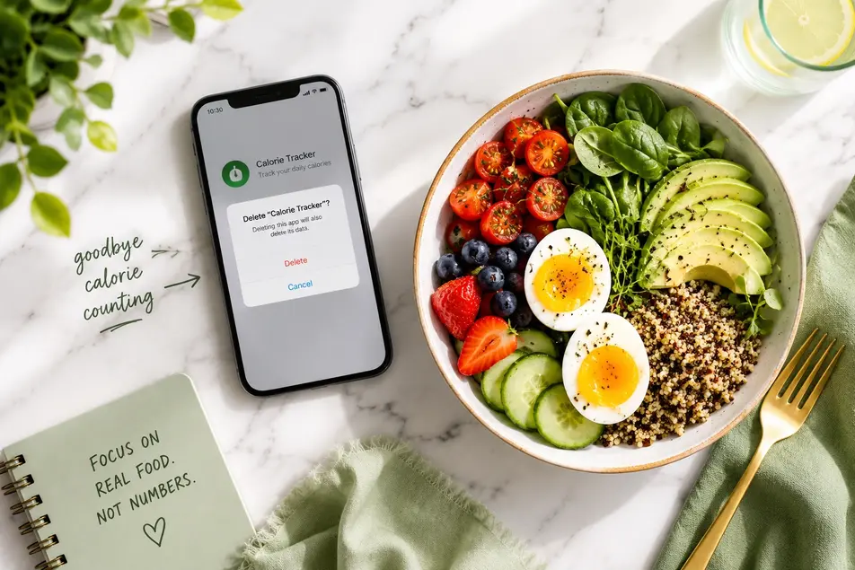 Deleted calorie tracking app beside a colorful bowl of whole foods, showing a simple and sustainable way to lose weight without counting calories.